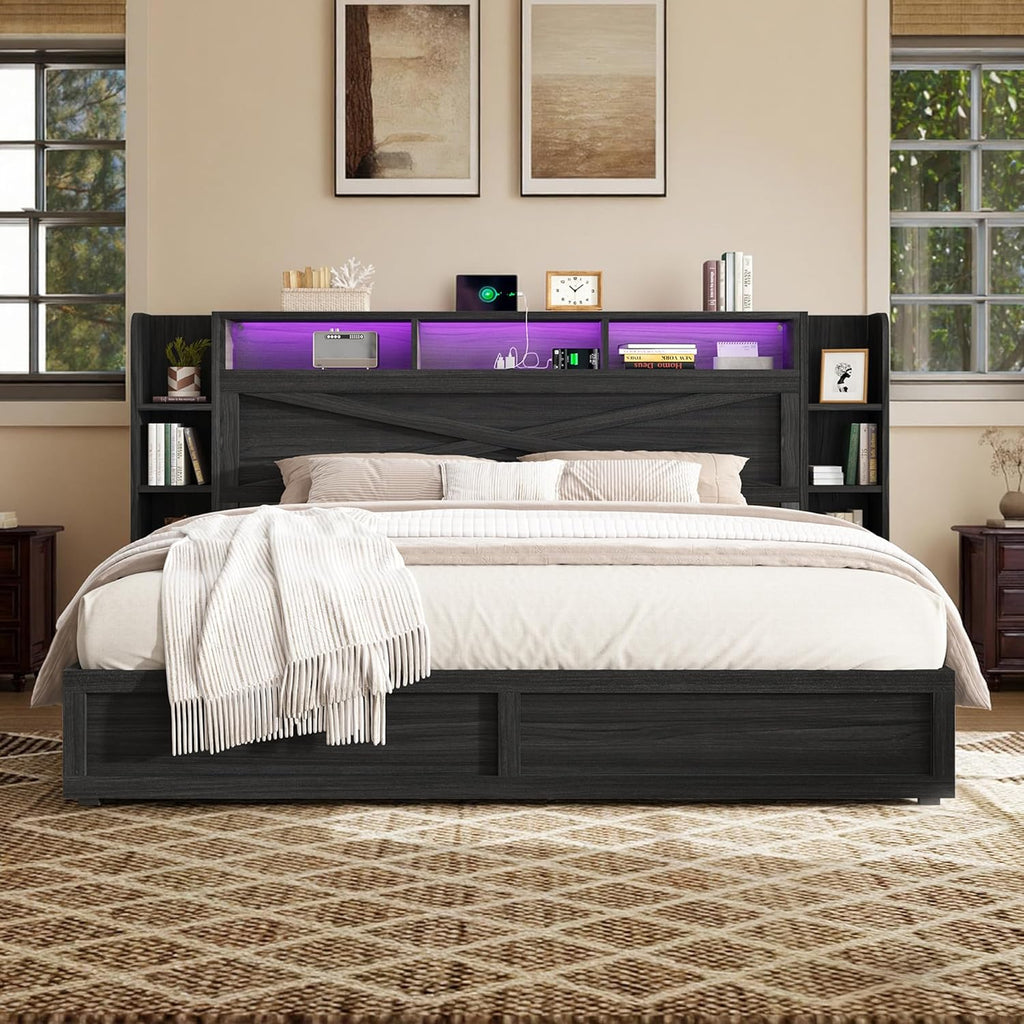 AMERLIFE 45'' Farmhouse King Bed Frame with 4 Drawers, LED Bed Frame with Bookcase Headboard & Side Shelves, Wood Platform Bed with Charging Station, Black