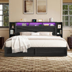 AMERLIFE 45'' Farmhouse King Bed Frame with 4 Drawers, LED Bed Frame with Bookcase Headboard & Side Shelves, Wood Platform Bed with Charging Station, Black