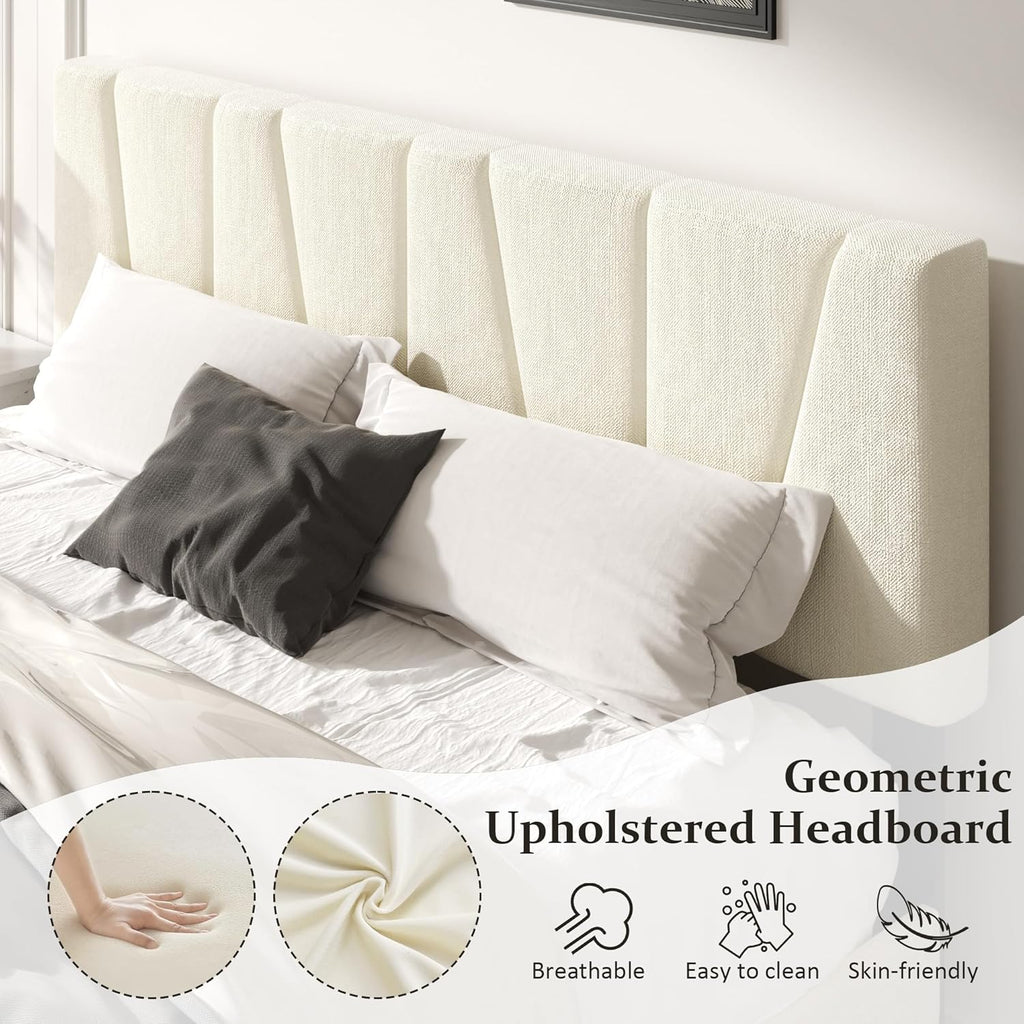 King Size Bed Frame with Fabric Upholstered Headboard, Platform Bed with Wooden Slats Support, Fully Mattress Foundation, Box Spring Optional, Easy Assembly