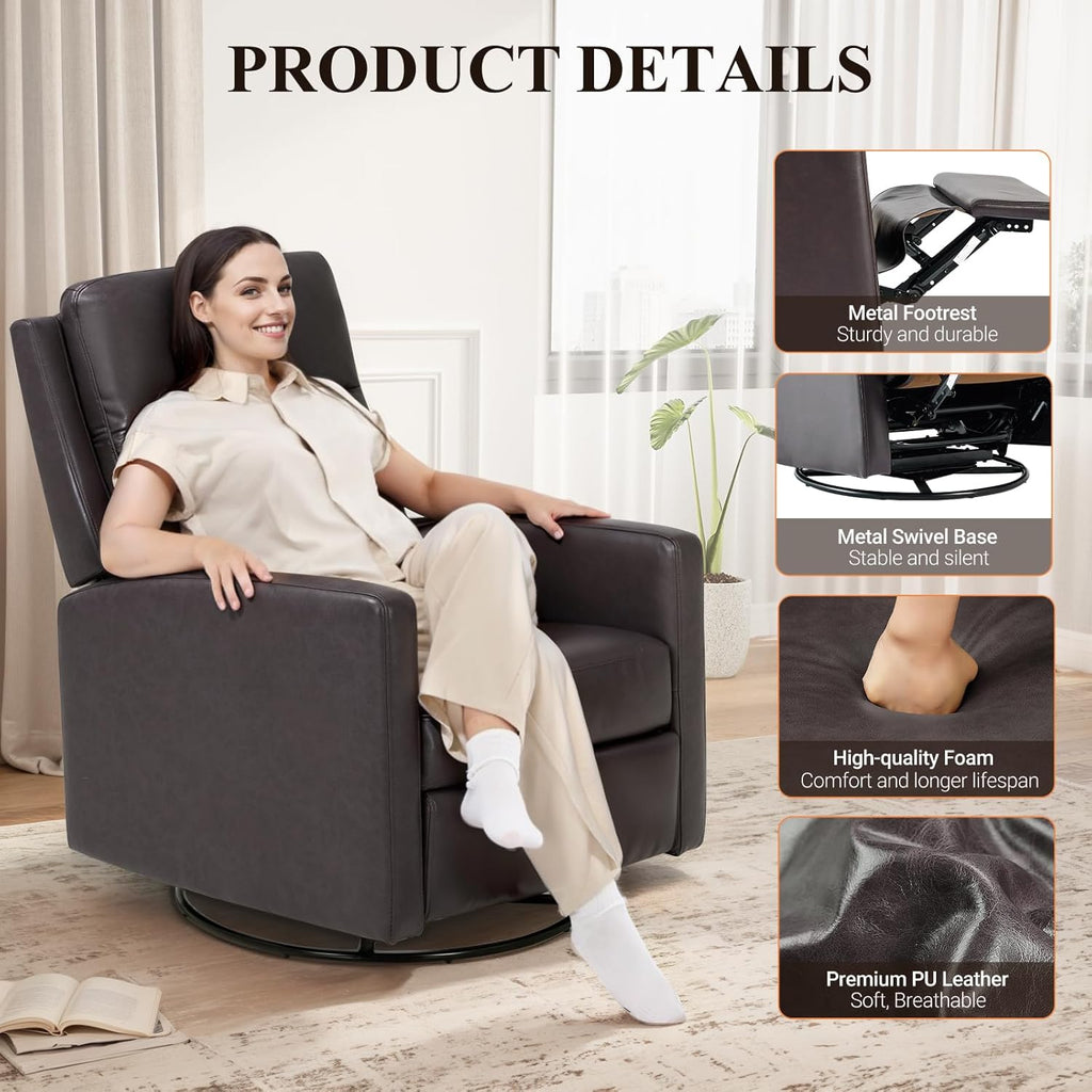 COLAMY Leather Recliner Chair for Adults, Swivel Rocker Recliner for Small Spaces, Wide Glider Rocking Nursery Chair with Ergonomic High Backrest, for Living Room, Office, Bedroom(Chocolate Brown