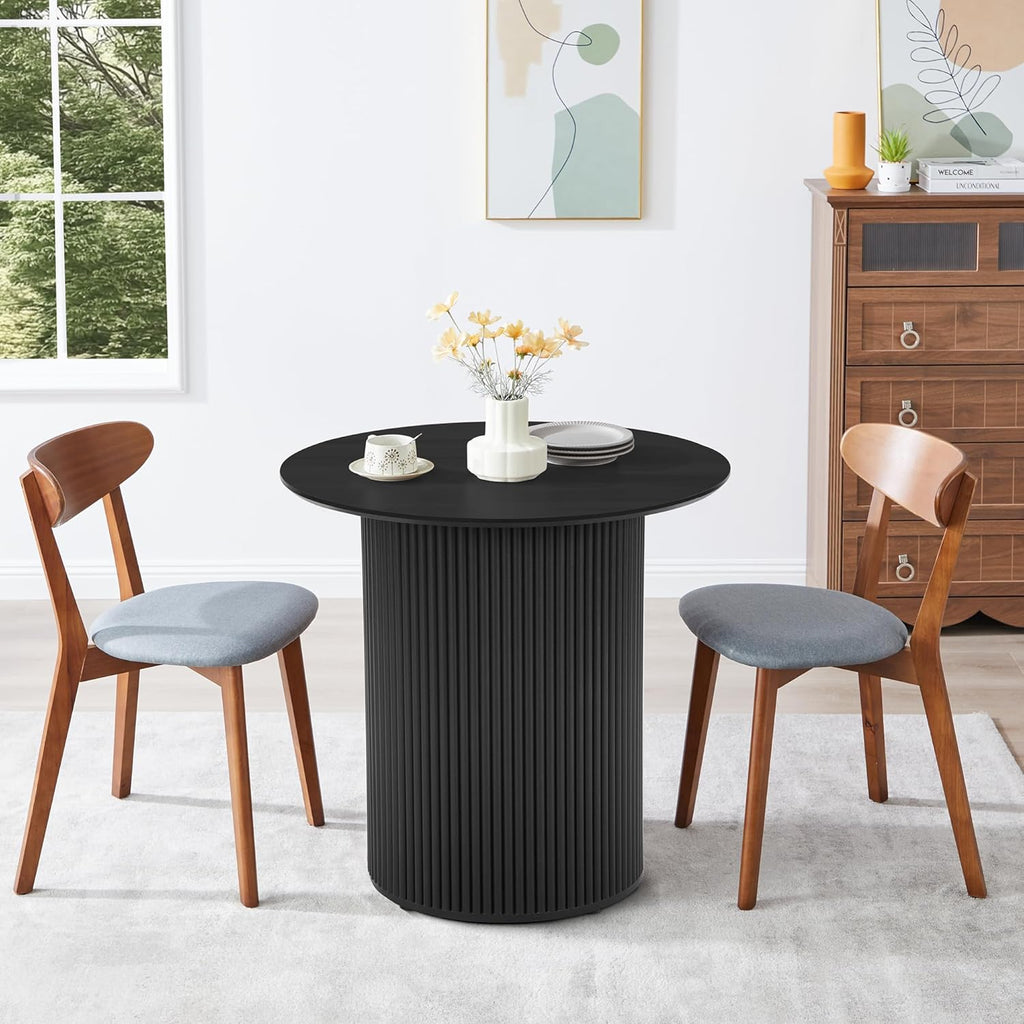 31.5" Black Round Dining Table for 2, Sturdy and Durable Round Wood Dining Table with Fluted Base, Simple Setup Small Kitchen Table for Living Dining Room Office (Black)