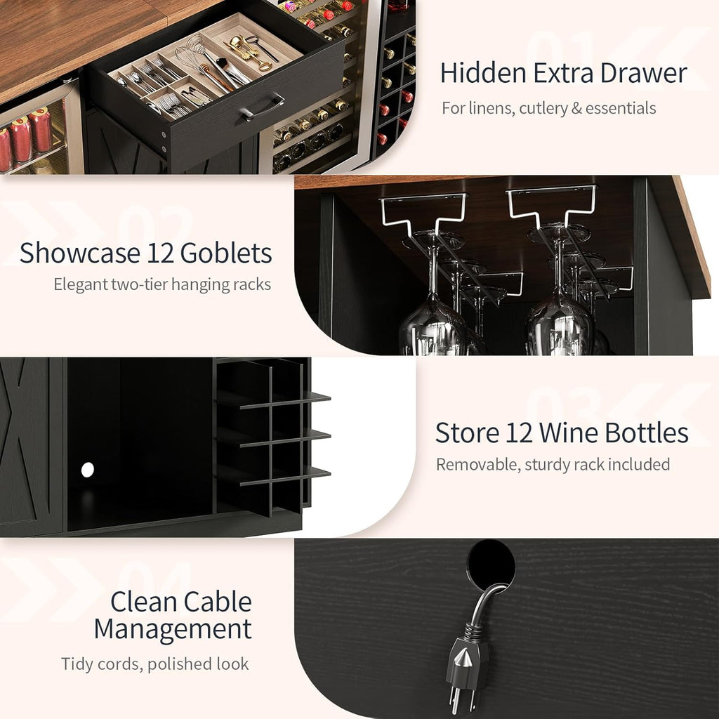 78.74" Large Coffee Bar Cabinet with Fridge Space, Mini Fridge Cabinet with Storage, Liquor Cabinet with Wine Rack Glass Holder Power Outlets for Living Room, Kitchen, Black KTSR003B