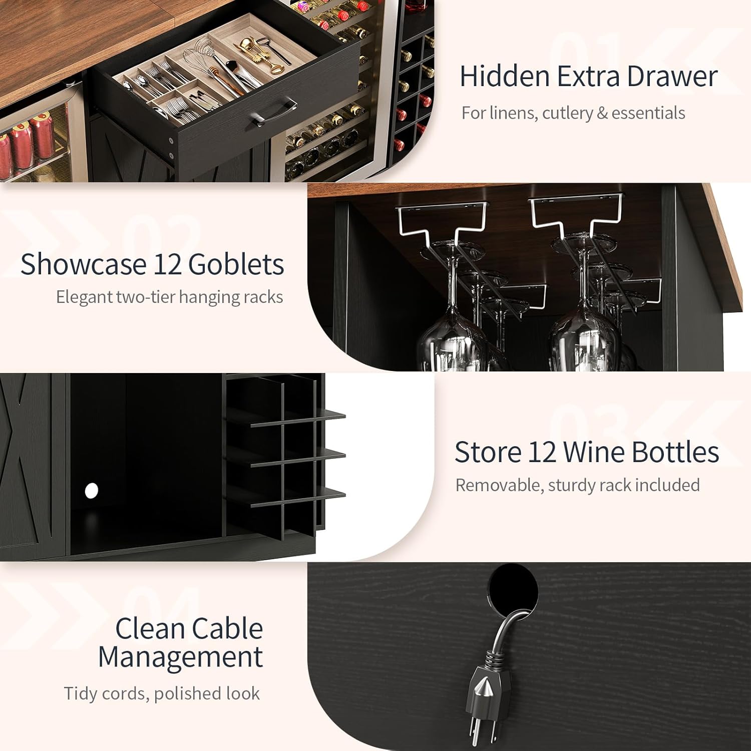 78.74" Large Coffee Bar Cabinet with Fridge Space, Mini Fridge Cabinet with Storage, Liquor Cabinet with Wine Rack Glass Holder Power Outlets for Living Room, Kitchen, Black KTSR003B