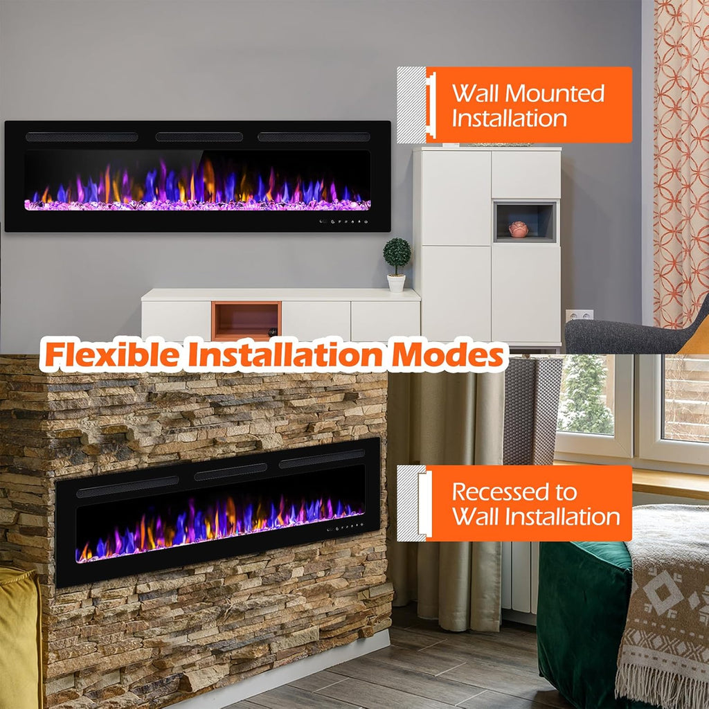 60" Electric Fireplace Wall Mounted and Recessed with Remote Control, 750/1500W Ultra-Thin Wall Fireplace Heater W/Timer Adjustable Flame Color and Brightness, Log Set & Crystal Options