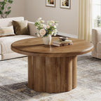 Tribesigns 31.5" Round Coffee Table for Living Room, Farmhouse Circle Center Cocktail Table with Fluted Drum Base, Wooden Living Room Furniture for Apartment, Small Space, Brown