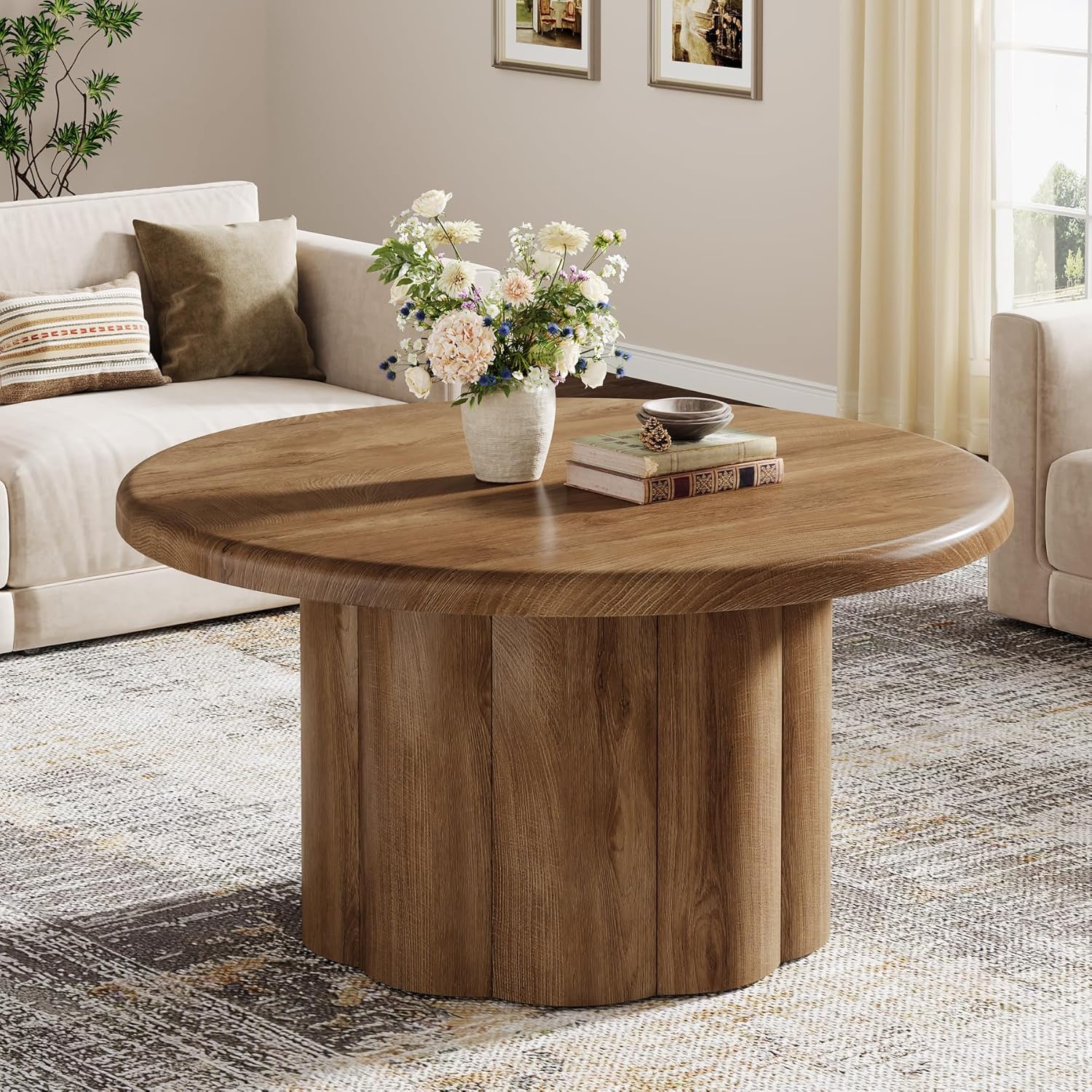 Tribesigns 31.5" Round Coffee Table for Living Room, Farmhouse Circle Center Cocktail Table with Fluted Drum Base, Wooden Living Room Furniture for Apartment, Small Space, Brown