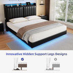 Queen Size Floating Bed Frame with Ergonomic Hidden Storage Headboard and LED Lights, Visual Floating LED Bed Frame with Charing Station, Leather Upholstered Platform Bed, Heavy Duty, Black