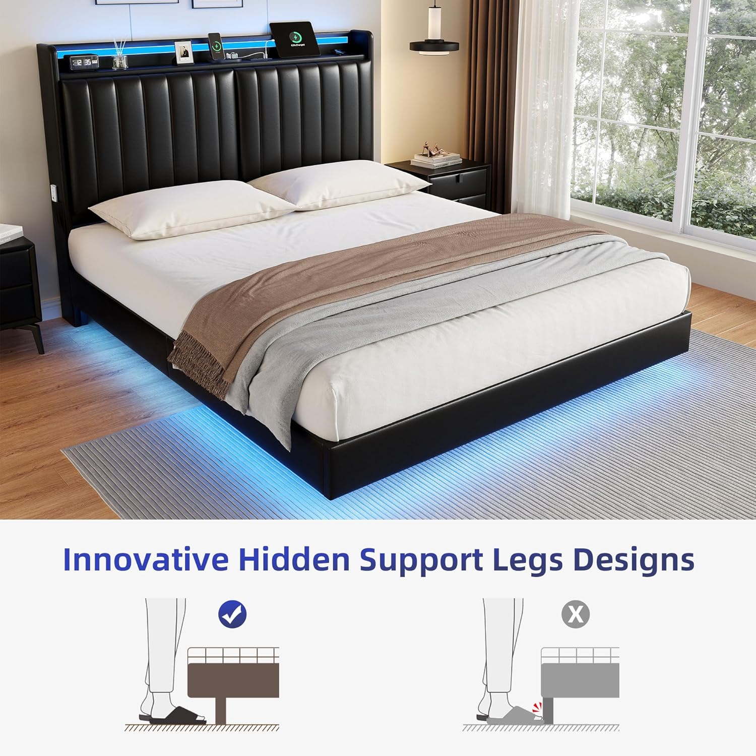 Queen Size Floating Bed Frame with Ergonomic Hidden Storage Headboard and LED Lights, Visual Floating LED Bed Frame with Charing Station, Leather Upholstered Platform Bed, Heavy Duty, Black