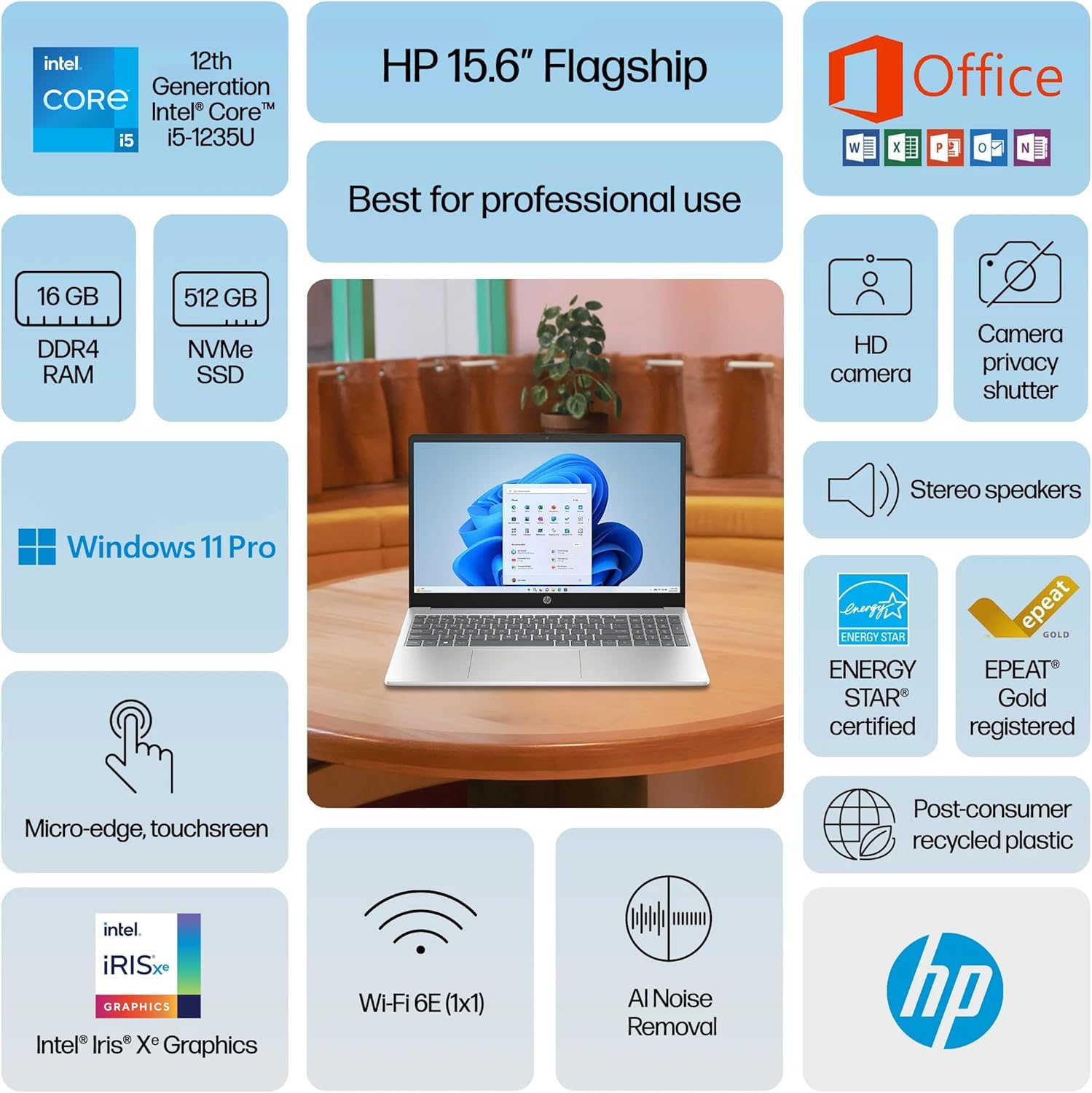 HP 15.6" Touchscreen Pavilion Laptop Computer  16GB RAM  1TB Storage (500GB SSD + 500GB Ext)  10-Core Intel i5 Processor  Wi-Fi 6E  Windows 11 Pro with Lifetime Microsoft Office  MarxsolAccessory