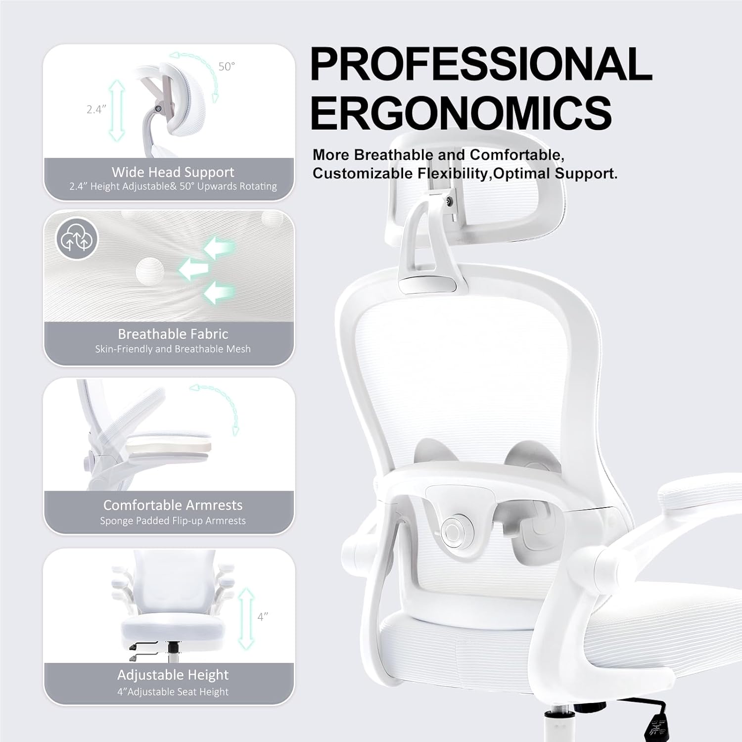 Ergonomic Office Chair,Ultra Thick Office Desk Chair with Adjustable Lumbar Support and Headrest,Spring Cushion,Rocking Function,Flip-up arms,Mesh Computer Chair for Home Office,White