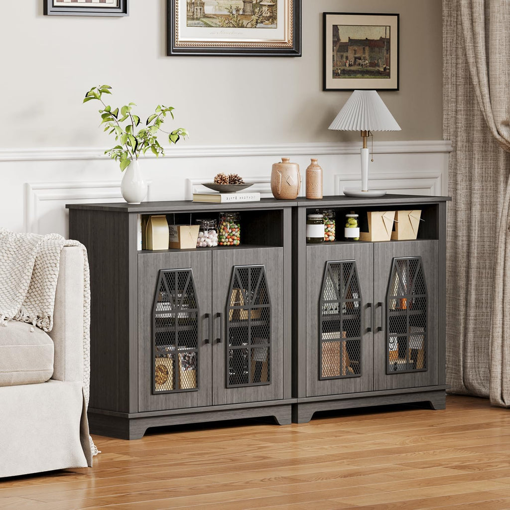 Farmhouse Storage Cabinet, Rustic Sideboard with Industrial Iron Mesh Door, Buffet Cabinet with Storage, Multipurpose Side End Table for Entryway, Dining Room, Kitchen, Black