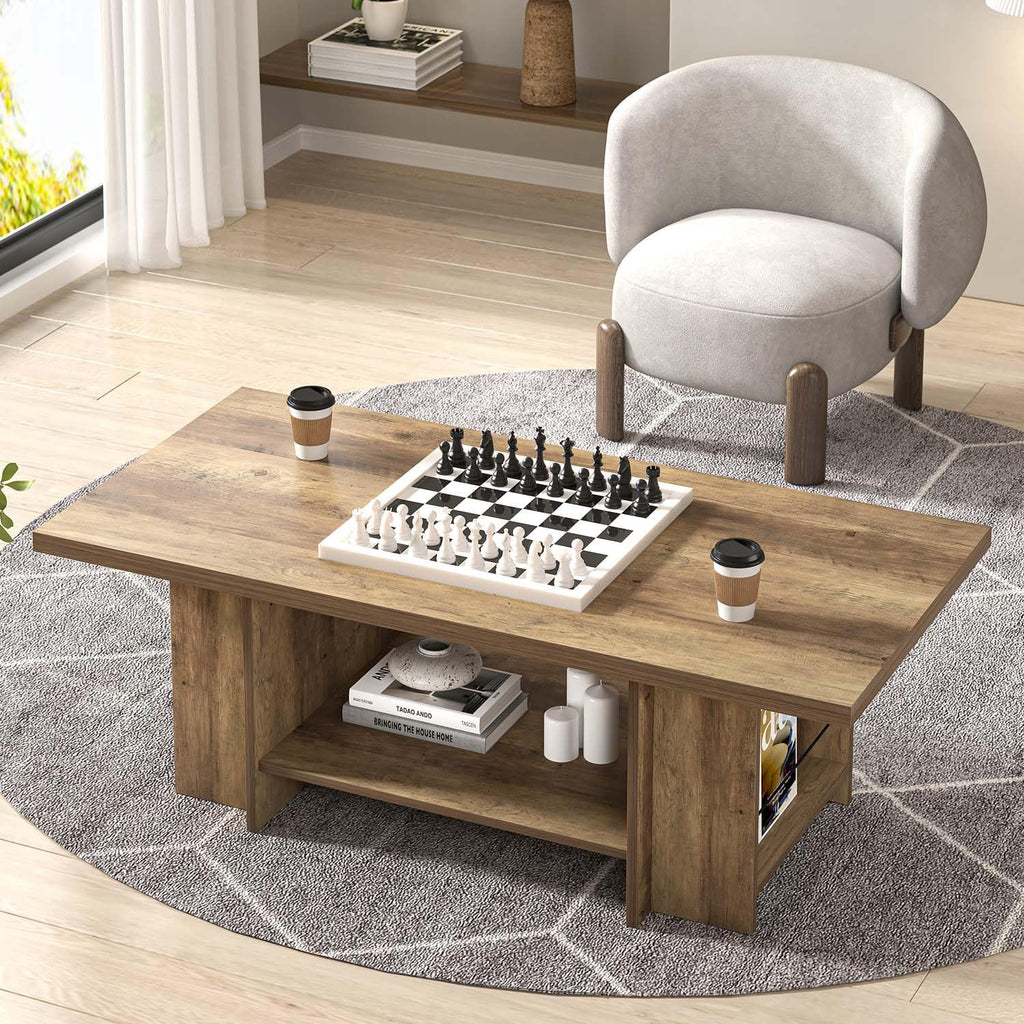 FOLUBAN Wood Coffee Table, Modern Center Table for Living Room with Bottom Storage Shelf & Side Shelves, 2-Tier Rectangle Cocktail Tea Table for Home Decor, 47 Inch, Rustic Oak