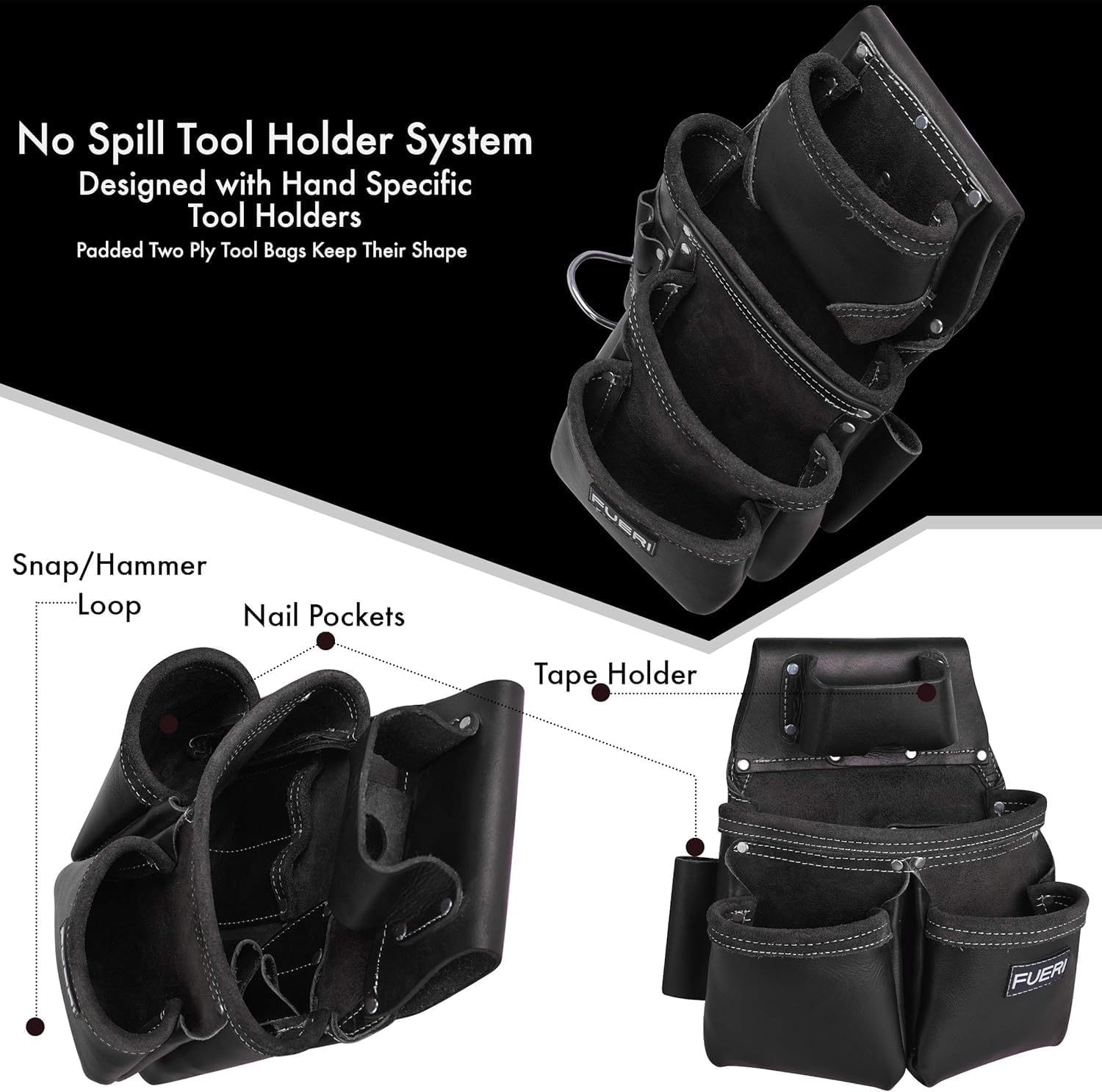 FUERI Leather Tool Belts with Suspender for Men, Heavy-Duty Durable Carpenter Tool Rig Organizer With 19 Pockets-2 Pouches, Padded Suspender, Hammer Holder, D-Loops & Foam-Padded Belt Electricians