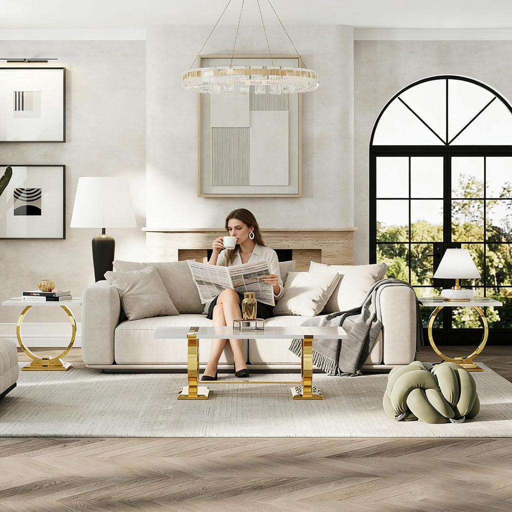 Asday 2 Pieces Modern Living Room Table Set, Wood Coffee Table and Console Table with U-Shape Golden Metal Frame, White and Gold