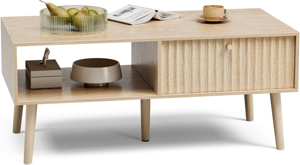 LCRBOL Coffee Table with Storage, Boho Dining Table with Fluted Drawer and Solid Wood Legs, Small Coffee Tables for Living Room, Oak