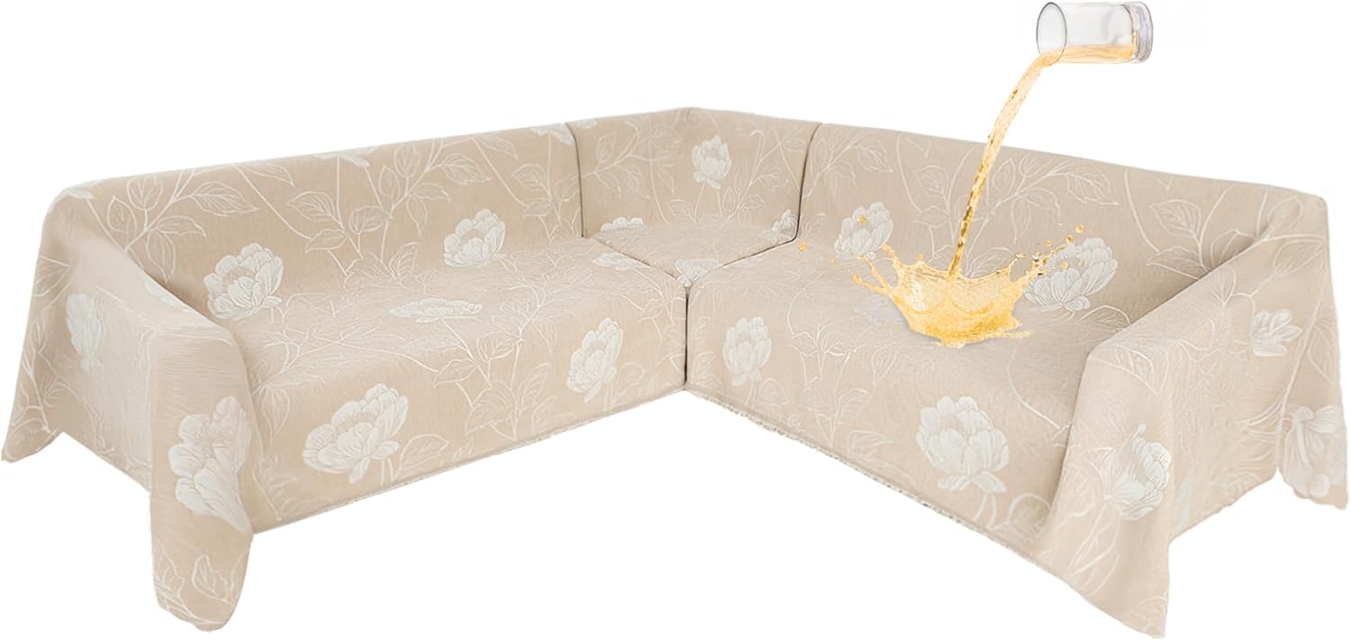 1OO% Waterproof Sectional Couch Covers for Dogs L Shaped Corner Sofa Cover Washable Chenille Sofa Slipcovers Blanket Modern Jacquard Pet Furniture Protector (91"x252", Beige Flower)