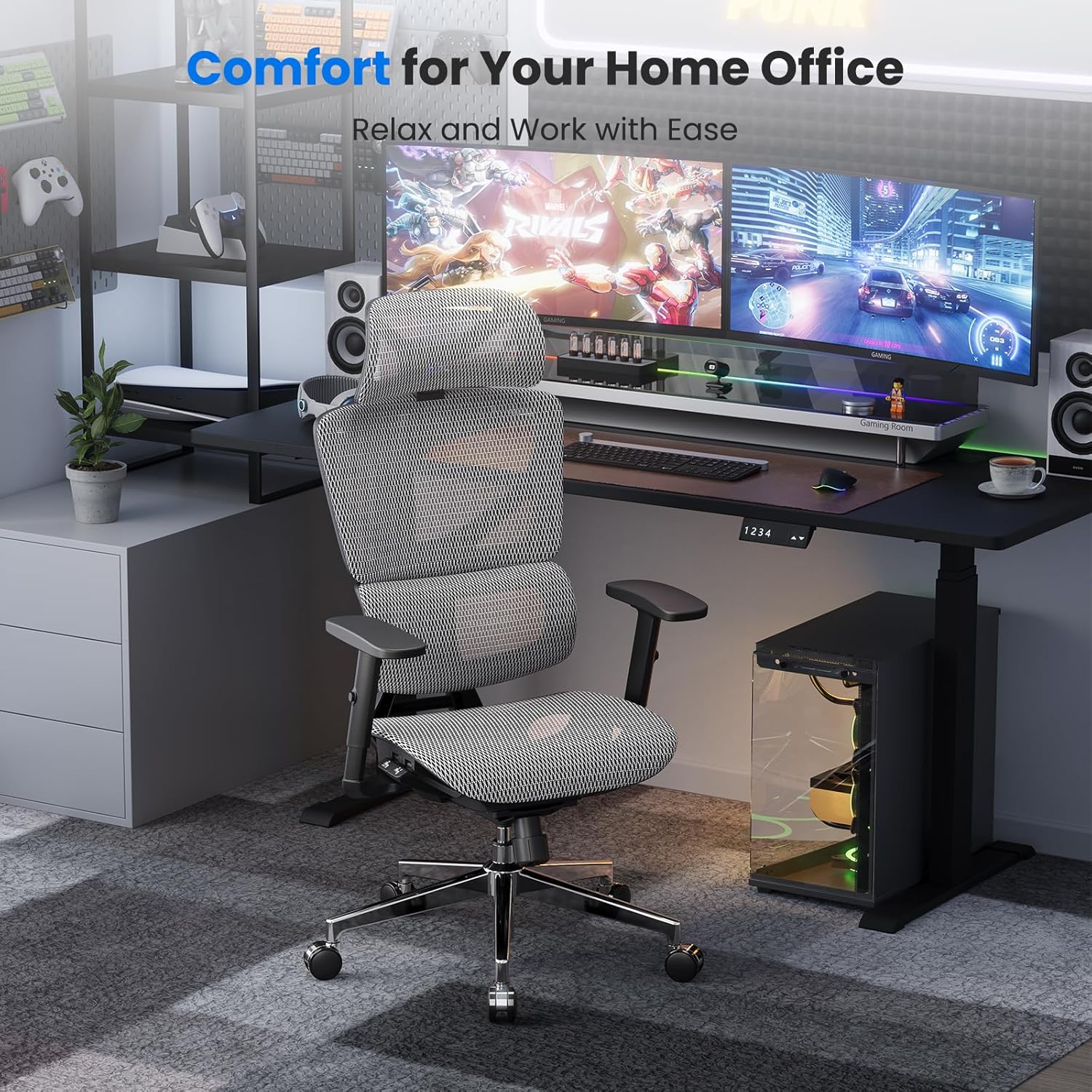 OdinLake L1 Ergo Upgrade 518 Black Ergonomic Mesh Office Chair – Big & Tall 350lbs, Dynamic Lumbar Support, Adjustable Height, Seat Depth, Headrest, Armrests, BIFMA Certified Desk Chair
