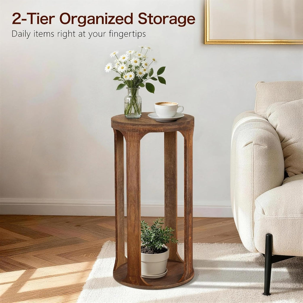 Wooden Drink Table, Pedestal Round End Table, Walnut Brown Nightstand Accent Tables, Small Side Tables for Living Room Plant Stand, Bedroom, 12" x 24"