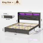 King Size Bed Frame with 2-Tier Storage Headboard, Upholstered King Bed Frame with 2 Drawers, Charging Station and LED Lights, No Box Spring Needed, Easy Assembly - Dark Grey