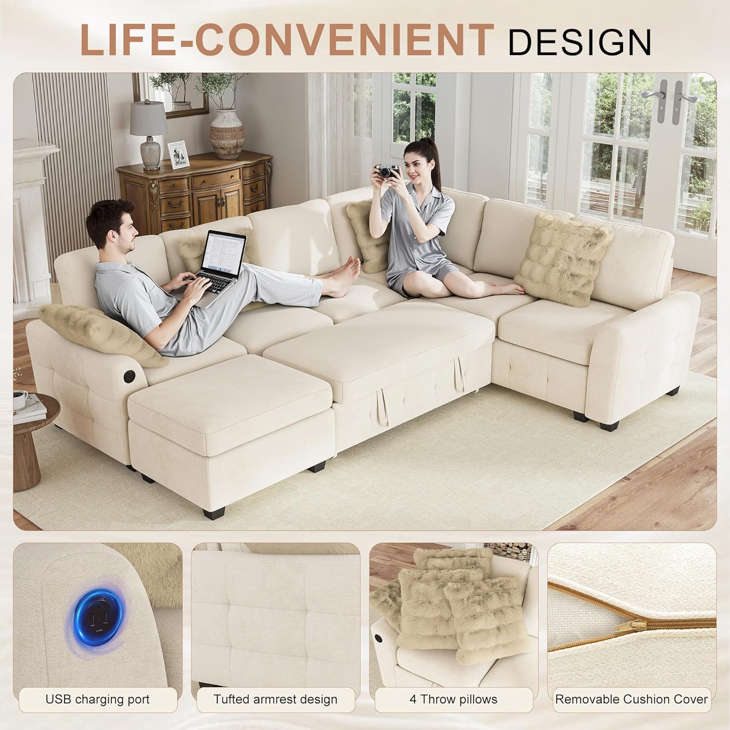 Hanherry Sectional Couch with Pull Out Sofa Bed,Chenille Sleeper Sofa with Storage Ottoman & USB Charging,Comfy L Shaped Modular Couches for Living Room,Apartment