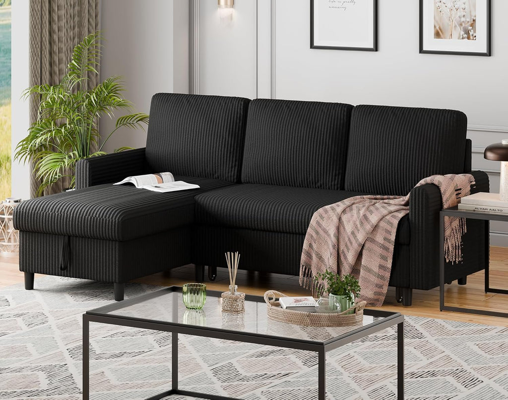 Walsunny Sectional Sofa Couch L Shaped Sleeper Sofa Bed Pull Out Bed with Storage, Reversible Sectional Couches for Living Room, Apartment, Office(Black)