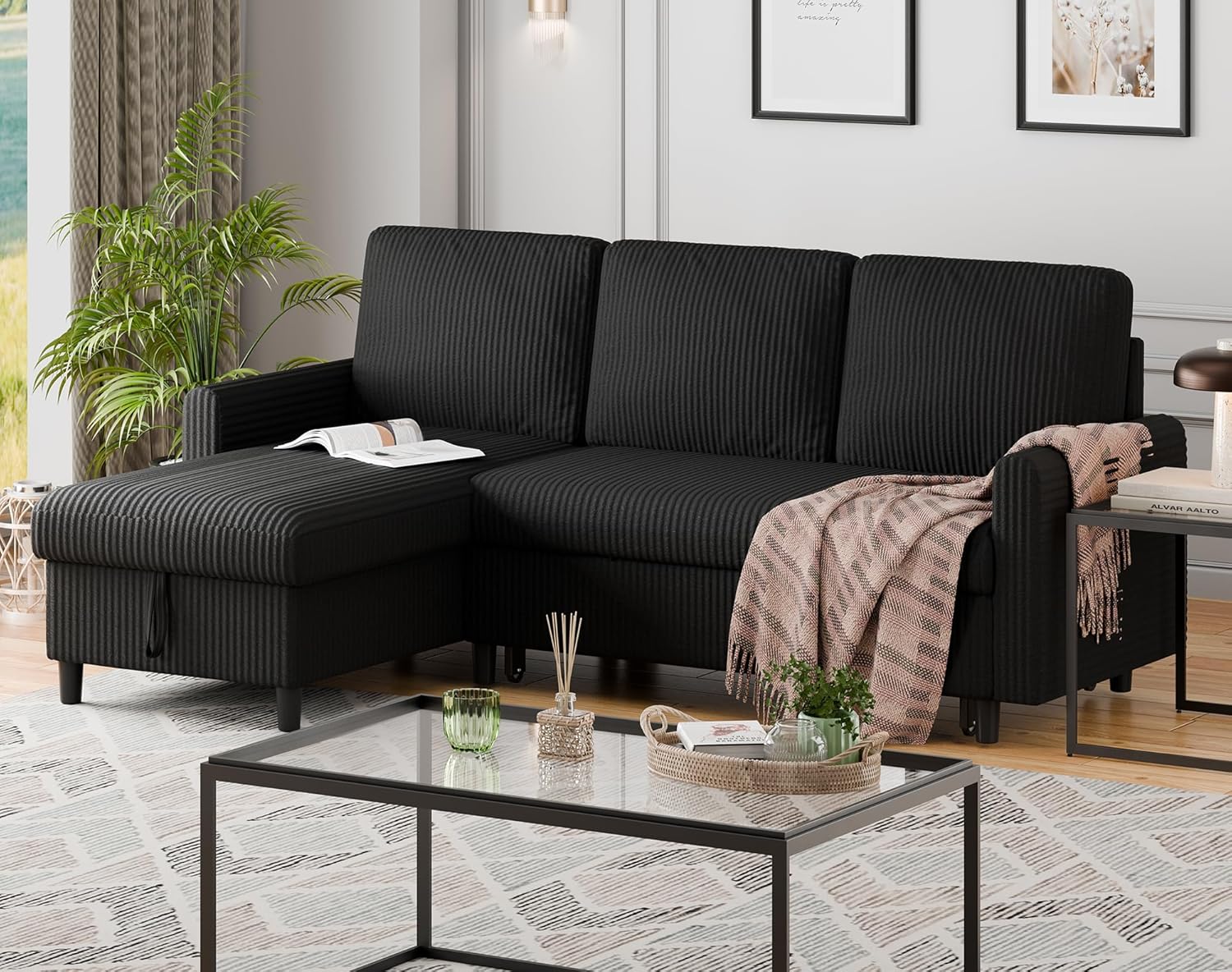 Walsunny Sectional Sofa Couch L Shaped Sleeper Sofa Bed Pull Out Bed with Storage, Reversible Sectional Couches for Living Room, Apartment, Office(Black)