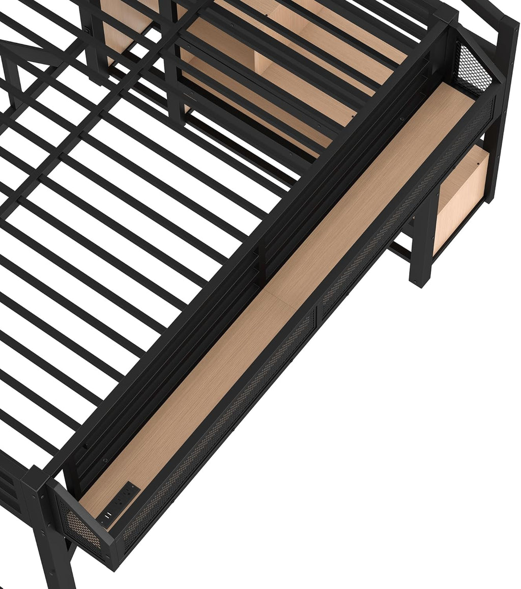 Bellemave Full Loft Beds with Storage Beside Shelves and Wardrobe, Metal Loft Bed with LED Lights and USB Ports, Heavy-Duty Loft Bed Frame for Teens, Adults, Noise-Free & Space-Saving, Black+Natural