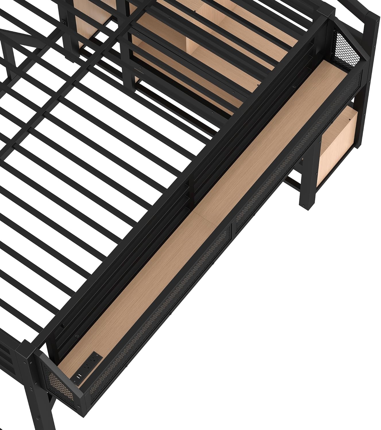 Bellemave Full Loft Beds with Storage Beside Shelves and Wardrobe, Metal Loft Bed with LED Lights and USB Ports, Heavy-Duty Loft Bed Frame for Teens, Adults, Noise-Free & Space-Saving, Black+Natural