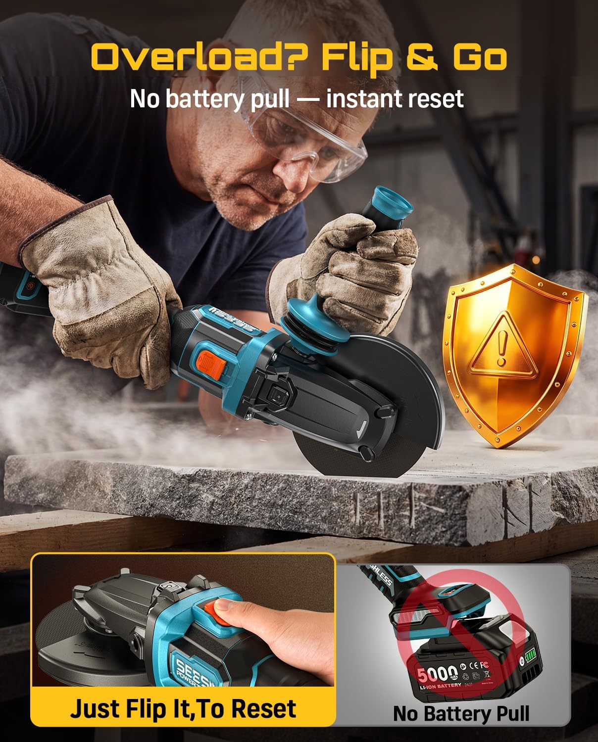SEESII Flathead Brushless Angle Grinder, 21V Cordless Variable Speed Grinder Kit 5.0Ah Battery+Charger, 4-1/2 to 5" Cut Off Tool, 6-Speed, 20ms Brake+Drop Protection for Metal Cutting, Auto Body, DIY