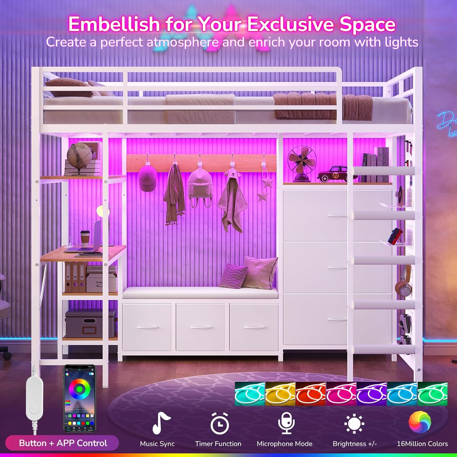 Twin Loft Bed with 6 Storage Drawers, Hall Tree and Pegboard, Metal Loft Bed Twin Size with Desk and Adjustable Shelf, LED Lights and Charging Station, Safety Guardrail and Ladder,No Box Spring Needed
