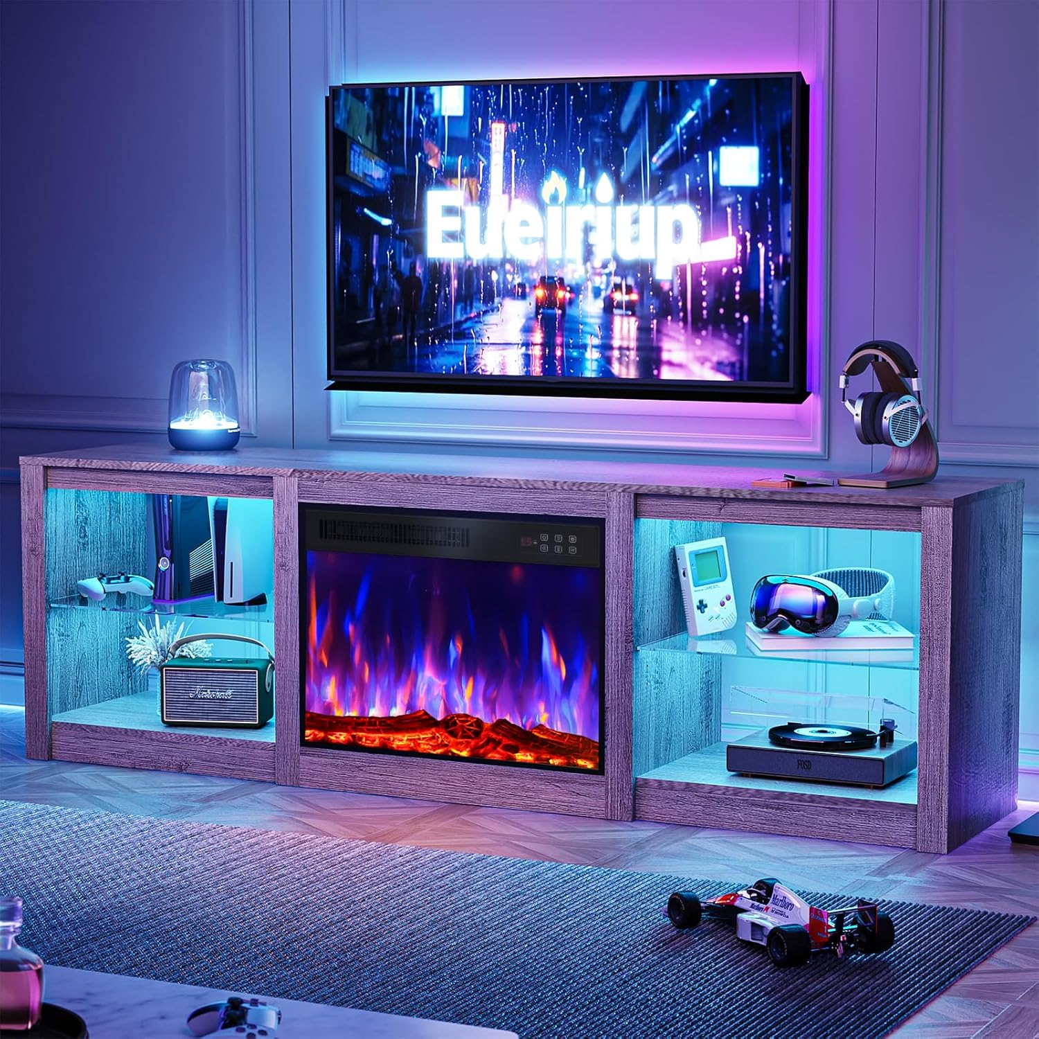 70" Fireplace TV Stand for TVs up to 80 Inches with 23'' Electric Fireplace Insert, Entertainment Center for Living Room, Gray