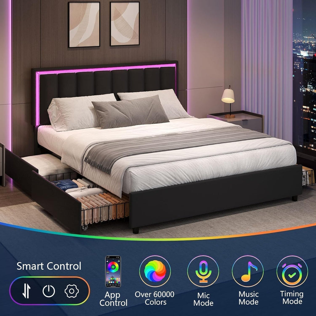 Queen Size Bed Frame with 4 Storage Drawers, Faux Leather Upholstered Bed Frame Queen with Headboard, RGB LED Ligths, Heavy Duty Metal and Wood Slat Support, No Box Spring Needed, Easy Assembly, Black