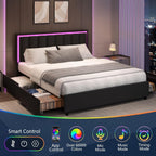 Queen Size Bed Frame with 4 Storage Drawers, Faux Leather Upholstered Bed Frame Queen with Headboard, RGB LED Ligths, Heavy Duty Metal and Wood Slat Support, No Box Spring Needed, Easy Assembly, Black