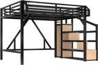 Bellemave Queen Loft Bed with Stairs and Built-in Wardrobe, Metal Loft Bed Frame with Storage Shelves, Heavy Duty Loft Beds with USB Ports and LED Lights for Adults, Boys, Girls, Teens, Natural Wood