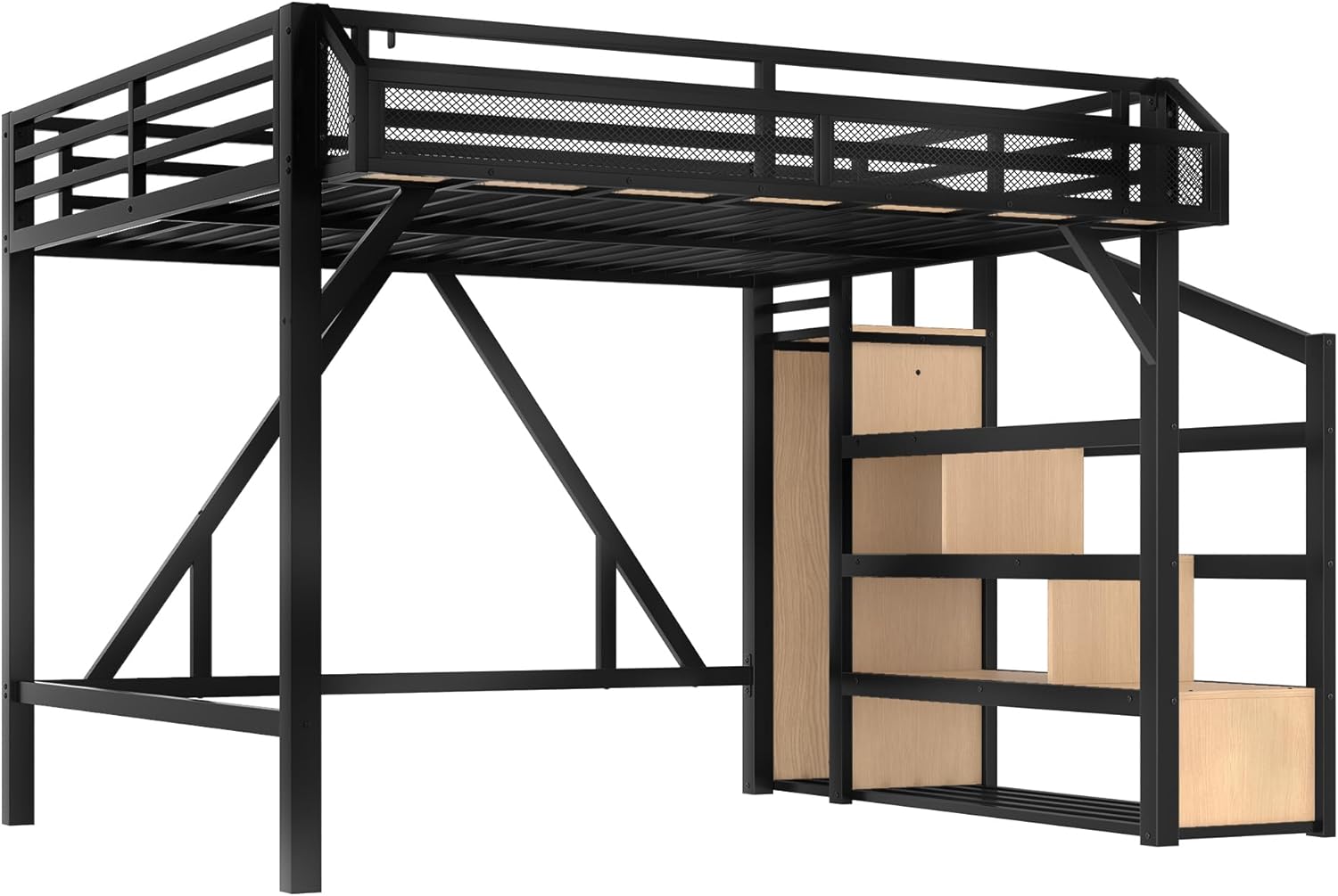 Bellemave Queen Loft Bed with Stairs and Built-in Wardrobe, Metal Loft Bed Frame with Storage Shelves, Heavy Duty Loft Beds with USB Ports and LED Lights for Adults, Boys, Girls, Teens, Natural Wood