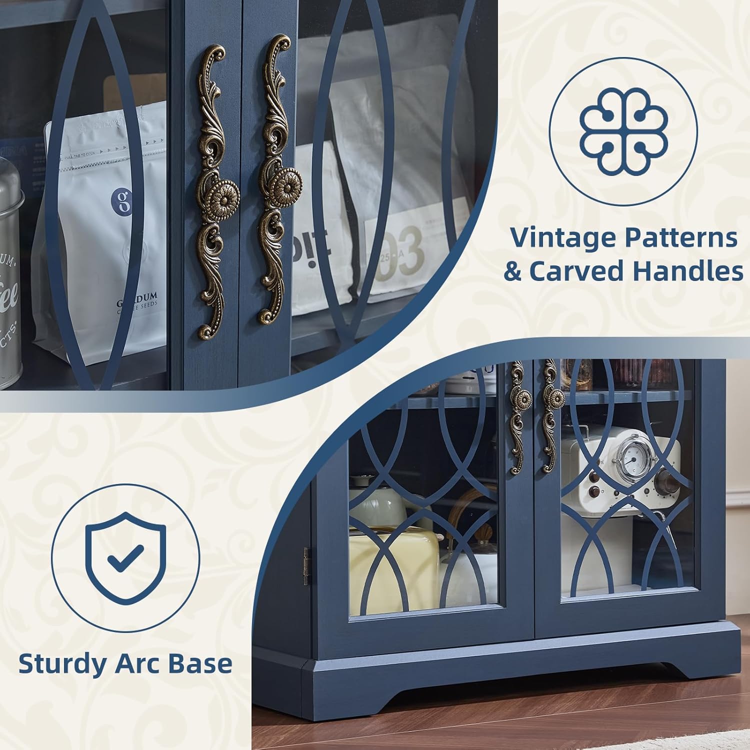 67" Tall Bookshelf, Rustic Book Shelf w/Vintage Pattern Tempered Glass Doors, 5-Tier Wood Bookcase with Adjustable Storage Shelves, Retro Curio Display Cabinet for Living Room, Navy Blue