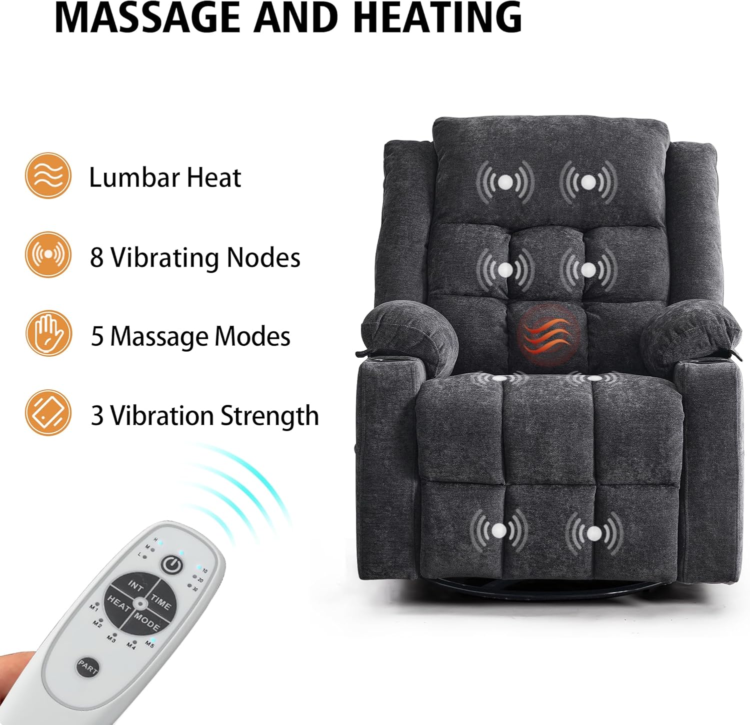 Power Swivel Rocker Recliner Chair for Adults with Massage and Heat, USB and Type-C Ports, Infinite Position, Electric Glider Reclining Single Sofa Chair for Living Room (Dark Grey Fabric)