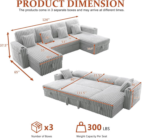 124" Sectional Sleeper Sofa with Pull Out Bed, Comfy Fluffy Plush Corduroy Cloud Sectional Couches for Living Room, U Shaped Modular Couch with Storage Chaise, Cup Holder & USB Charger, Grey