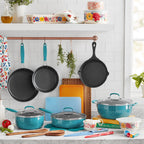 The Pioneer Woman Brilliant Blooms 38-Piece Cookware Set, Teal Complete Kitchen Solution with Floral Design