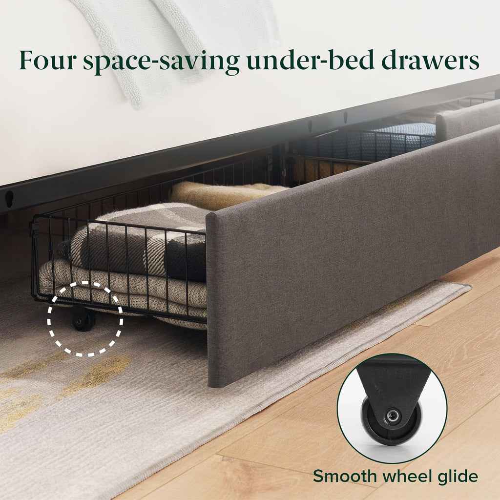 Zinus Billie Platform Bed Frame, Four Underbed Storage Drawers, Height Adjustable Headboard, Upholstered Style, King