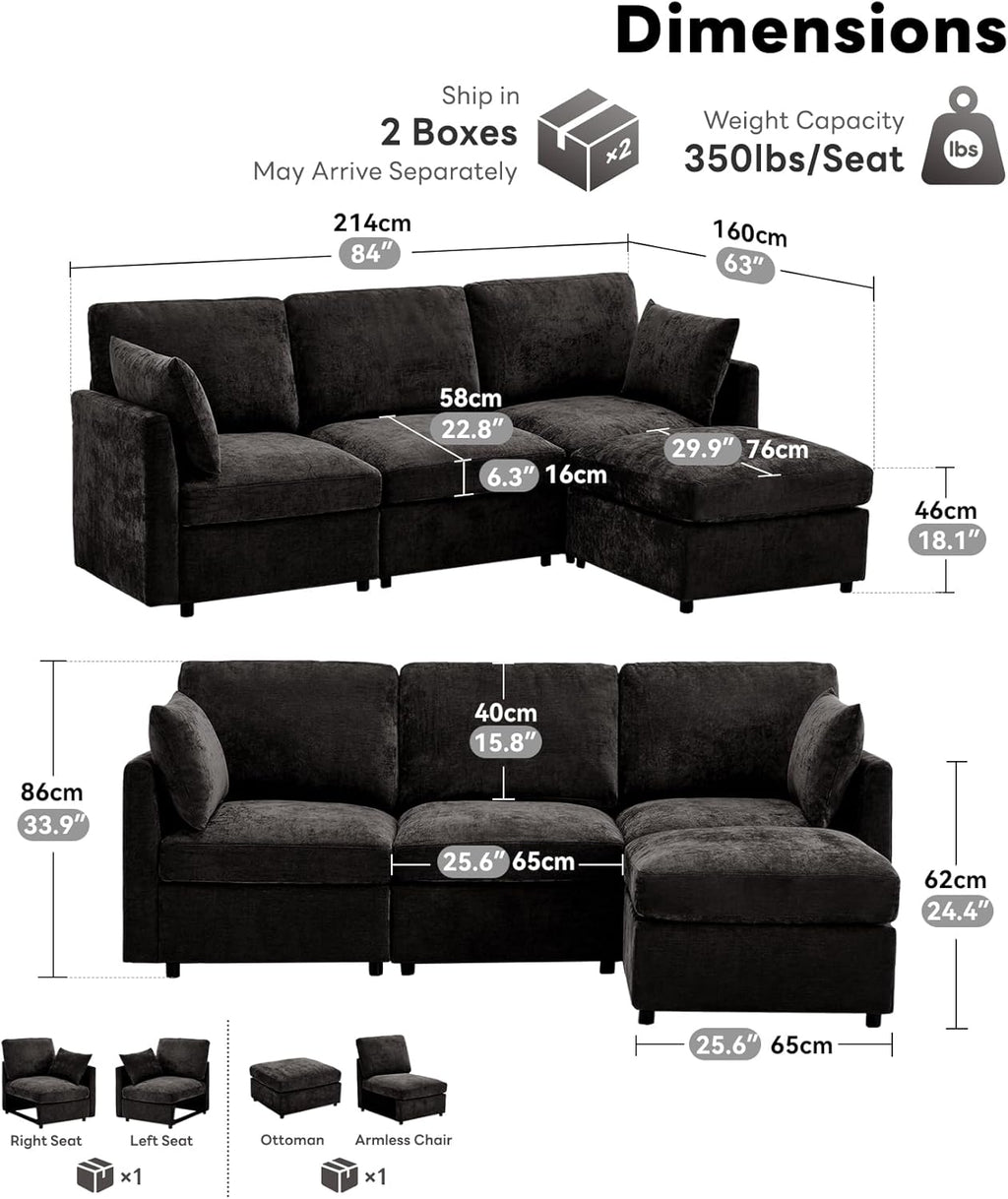 Sectional Cloud Couch for Living Room, Spring Cushion Seating, L Shaped Convertible Modular Sofa with Ottoman, Black | Movable, Balanced Comfort, Soft-Strong Chenille, Apartment-Friendly