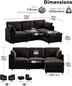 Sectional Cloud Couch for Living Room, Spring Cushion Seating, L Shaped Convertible Modular Sofa with Ottoman, Black | Movable, Balanced Comfort, Soft-Strong Chenille, Apartment-Friendly