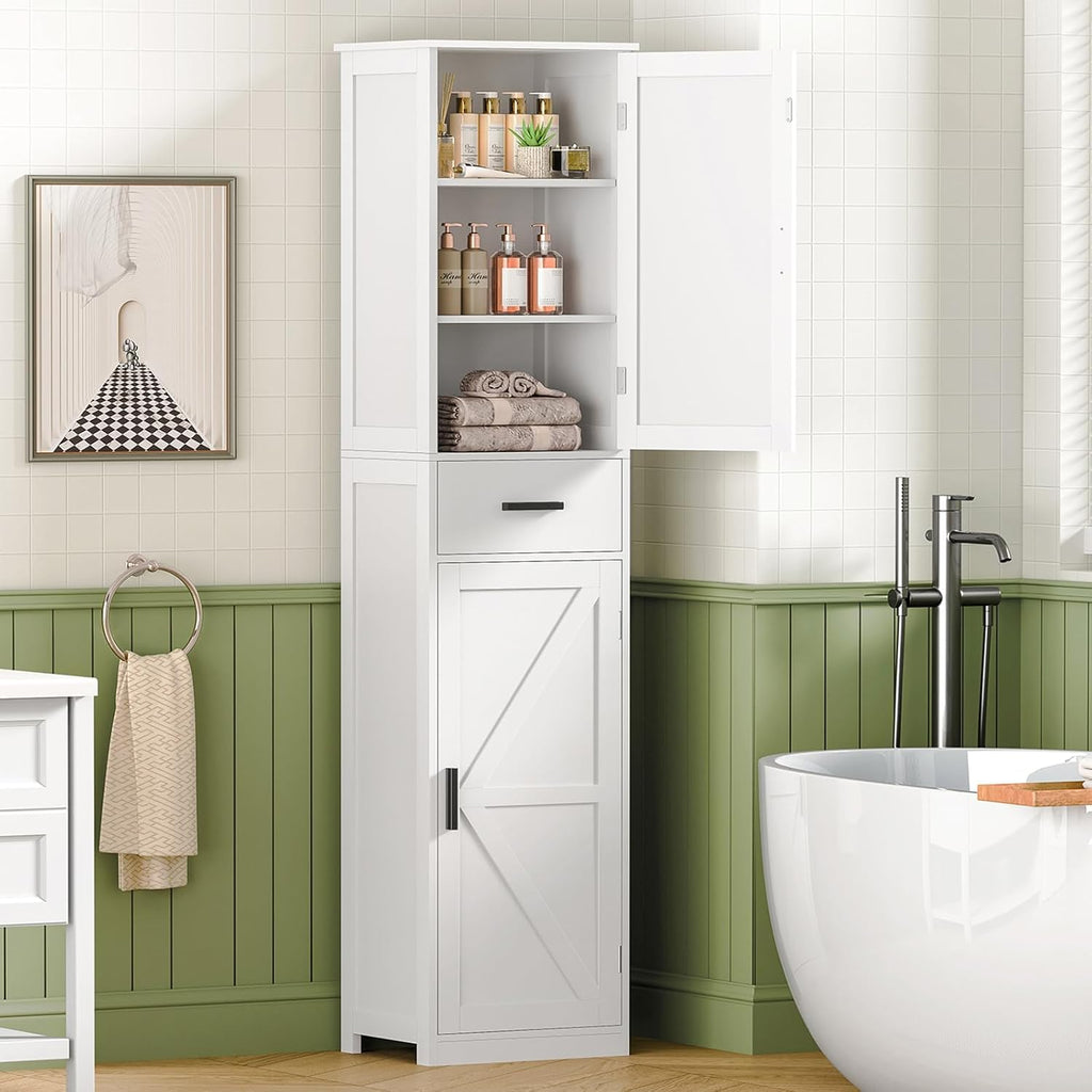 TEENFON Tall Bathroom Cabinet, Storage Cabinet with 6 Shelves & Drawer, Bathroom Storage Cabinet with Adjustable Shelves, Tall Cabinet for Living Room, Home Office, White