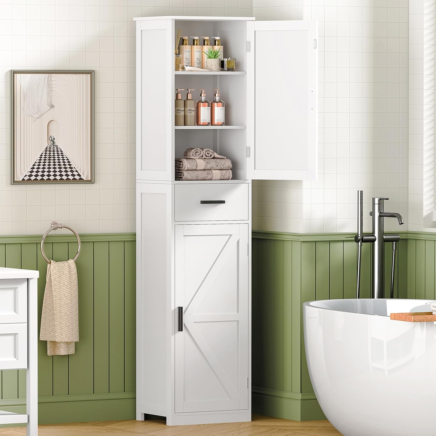 TEENFON Tall Bathroom Cabinet, Storage Cabinet with 6 Shelves & Drawer, Bathroom Storage Cabinet with Adjustable Shelves, Tall Cabinet for Living Room, Home Office, White