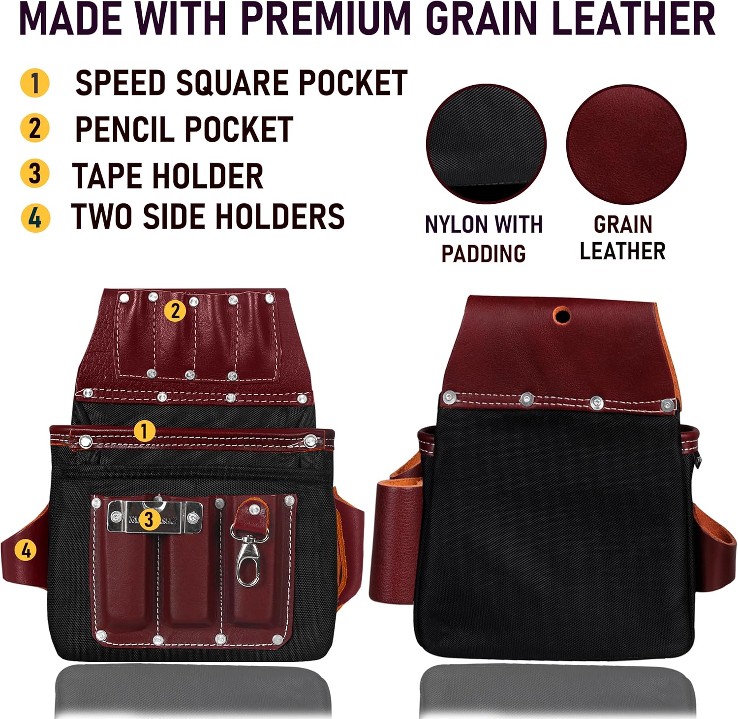 FUERI Electrician's Heavy Duty 26 Pocket Leather-Nylon Tool Belt & Bag Combo for Men, Comfort Back Support Padded Belt, 2 Large Storage Capacity Pouches, Best for Framers, Carpenter, Roofing