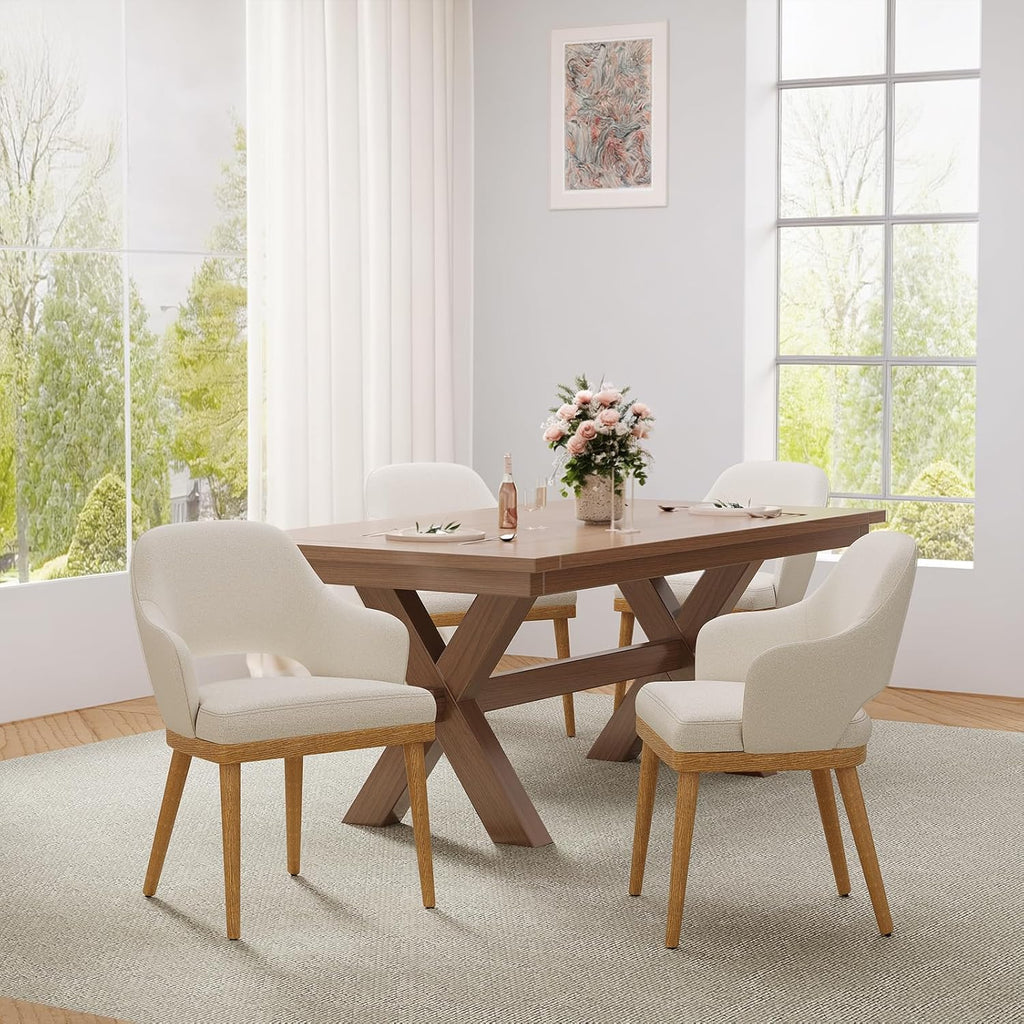 Wooden Dining Chairs Set of 4, Modern Fabric Upholstered Dining Room Chair, Kitchen Side Chairs, Farmhouse Dinner Chair with Open Back for Kitchen, Beige
