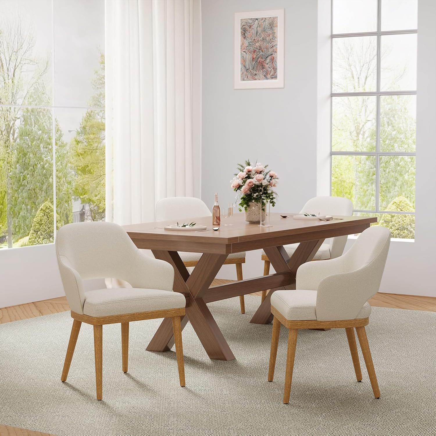 Wooden Dining Chairs Set of 4, Modern Fabric Upholstered Dining Room Chair, Kitchen Side Chairs, Farmhouse Dinner Chair with Open Back for Kitchen, Beige