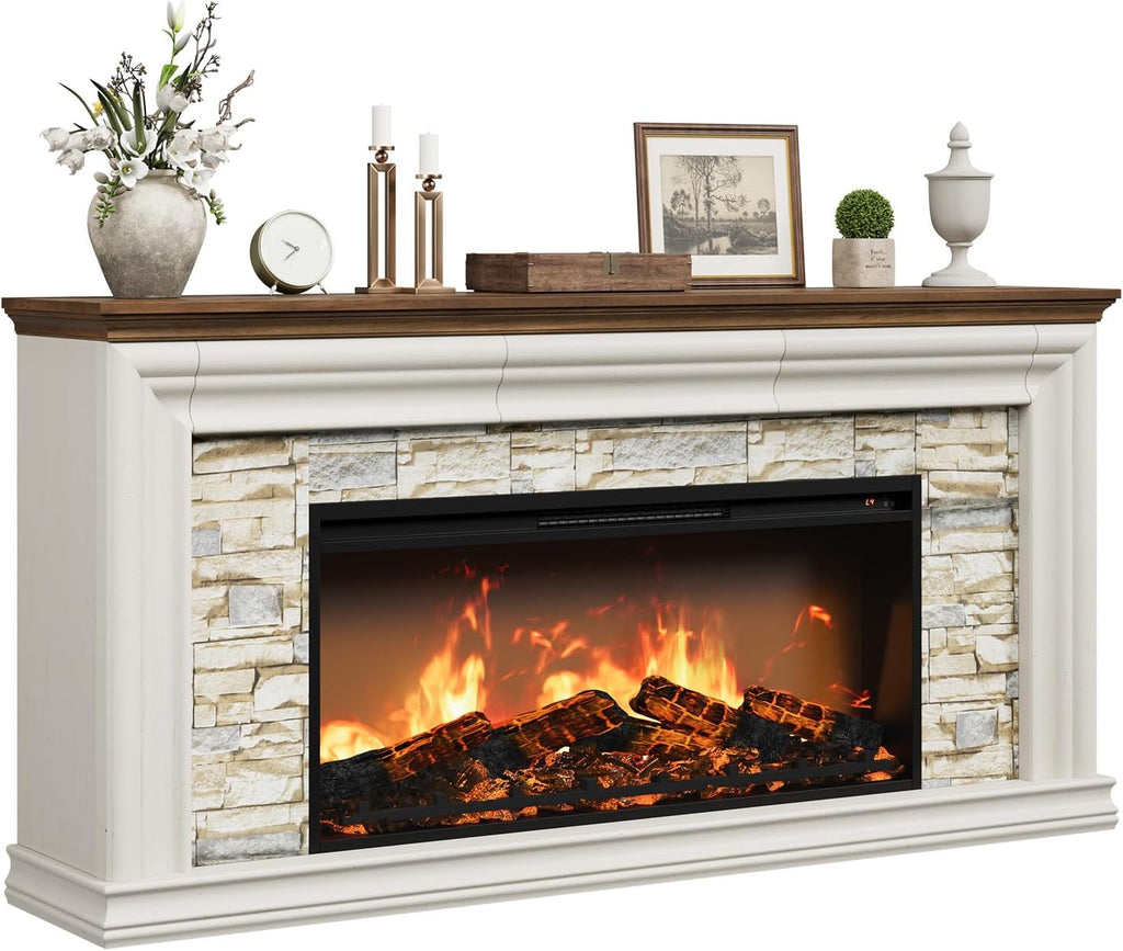 QUW 70" Fireplace TV Stand Up to 80" TVs, 42" Modern Electric Fireplace with Mantel, Farmhouse Entertainment Center with Concealed 3 Drawers for Living Room, Adjustable Brightness & Low Noise, White