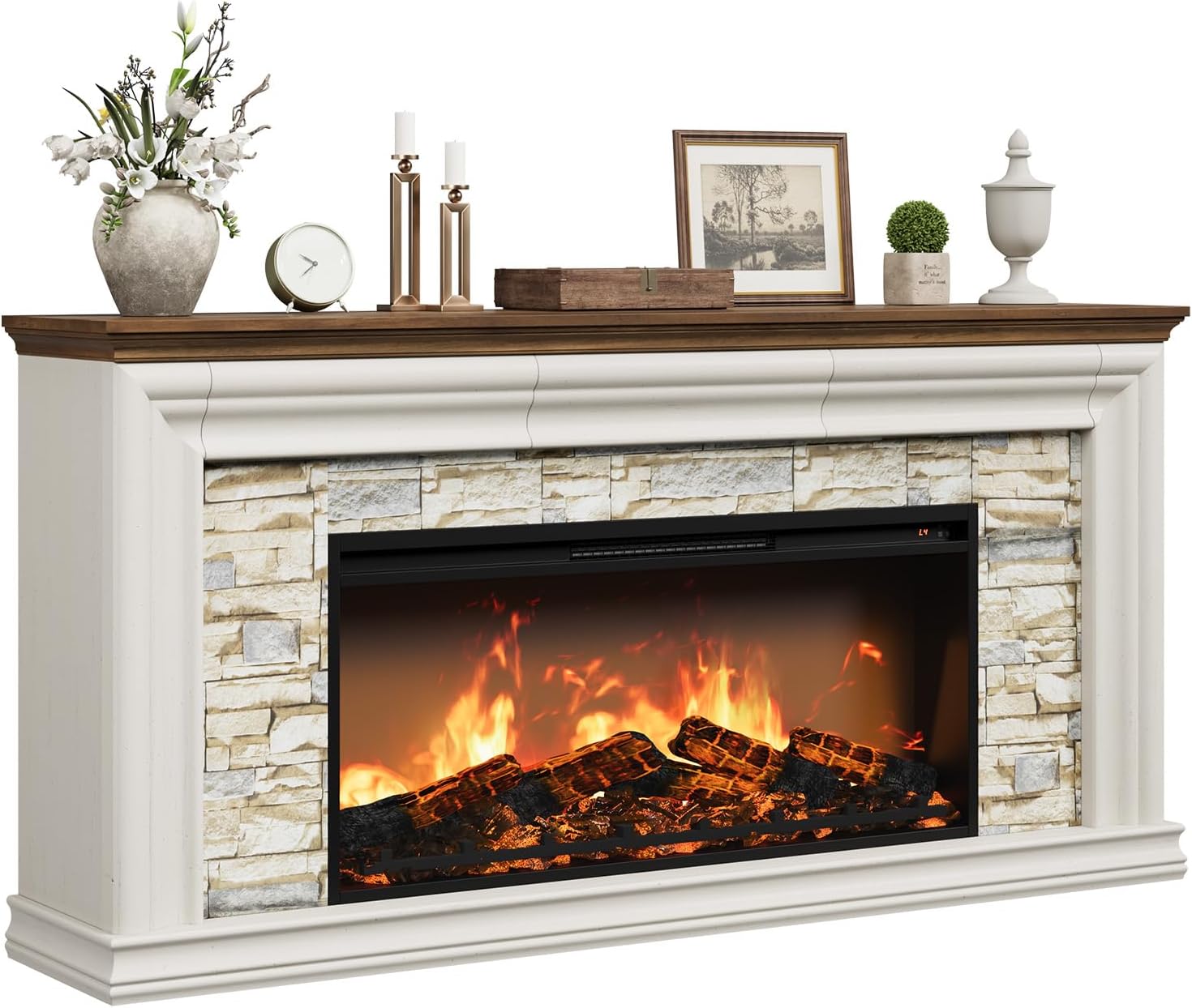 QUW 70" Fireplace TV Stand Up to 80" TVs, 42" Modern Electric Fireplace with Mantel, Farmhouse Entertainment Center with Concealed 3 Drawers for Living Room, Adjustable Brightness & Low Noise, White