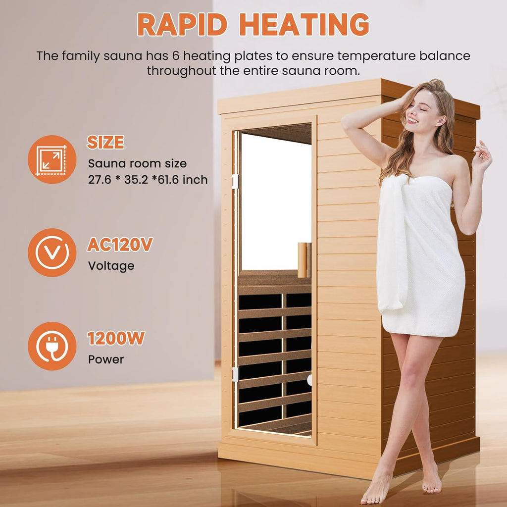Far Infrared Sauna Home Sauna Spa Room Canadian Hemlock Wood 1200W Indoor Saunas Low EMF 110V with 7 Color Light and Tempered Glass Door  Room: 35.2 * 27.6 * 61.6Inch